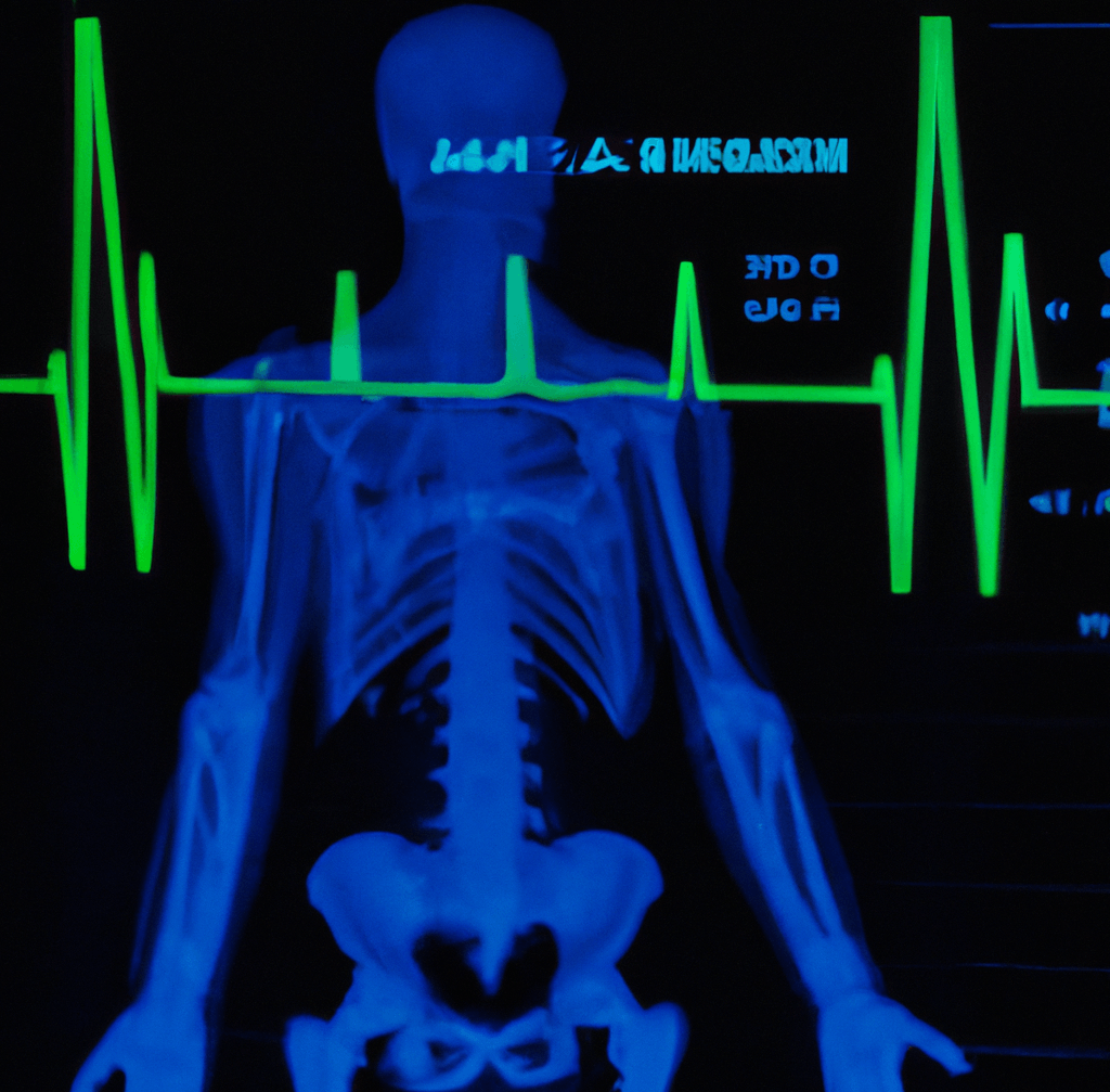 A computerised image of the human anatomy overlayed by a hospital heart rate monitor tracker_biohacks for the body_wearehumans.digital