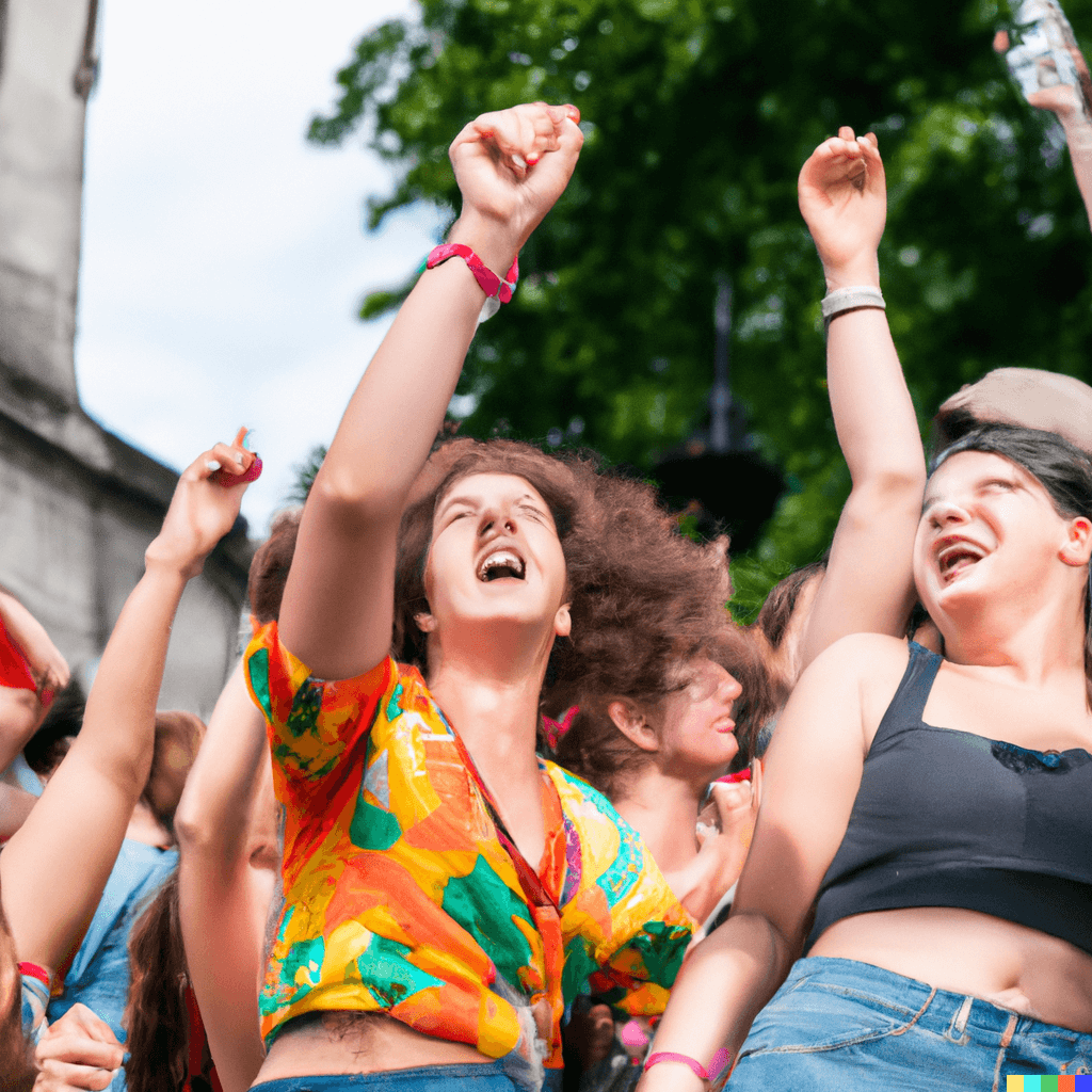 A group of young queer people raving outside at London Pride 2023_wearehumans.digital