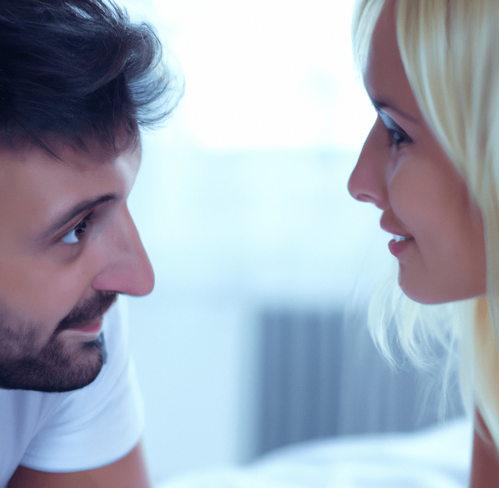 A man looking cutely into a blonde's eyes to seduce her_Benefits of increased libido and sex drive from Fadogia Agrestis_wearehumans.digital