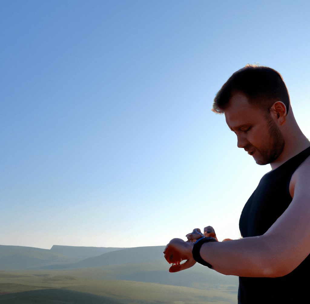 A picture of a muscly man checking his heart rate on his Whoop watch having been for a run in the hills_benefits of tracking heart rate variability_wearehumans.digital