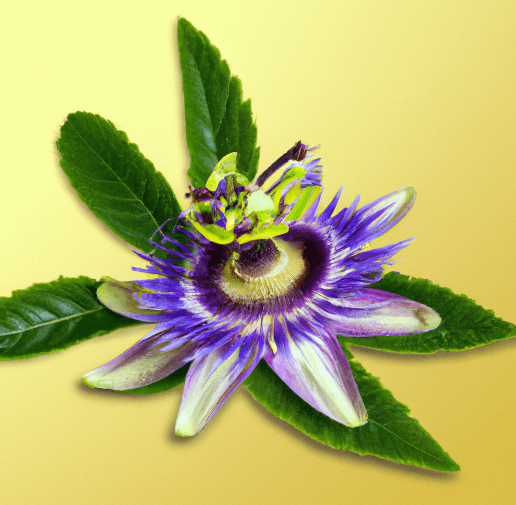 A picture of a purple passionflower and its leaves on a pastel yellow background_Passionflower naturally alleviates anxiety and stress_wearehumans.digital