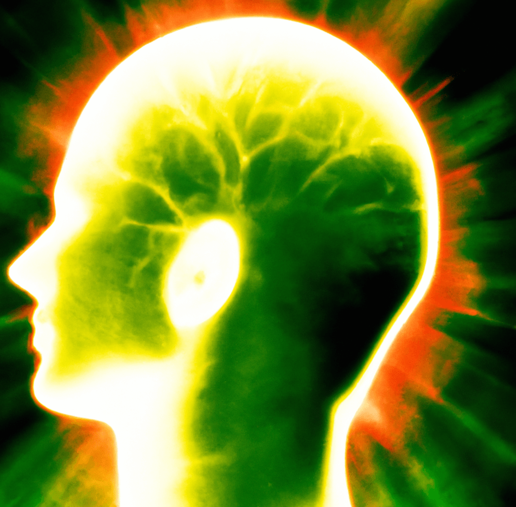 An image of a person's head glowing green and orange and neurons glowing yellow reflecting a healthy mind maintaining cognitive performance_Benefits of taking Rapamycin
