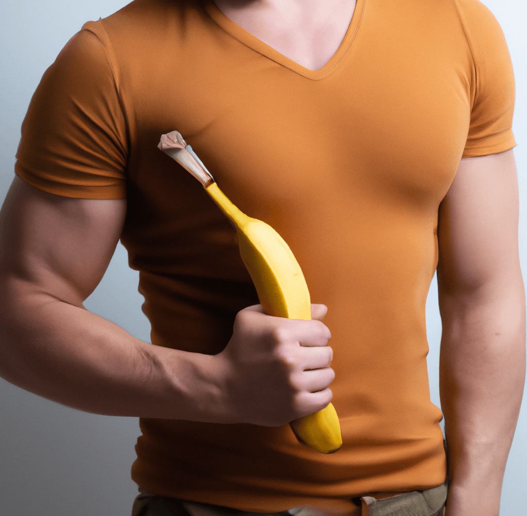 An image of a white man holding on a large, stiff banana, representing the strength of a healthy erection_How Tribulus Terrestris improves the strength and size of erections