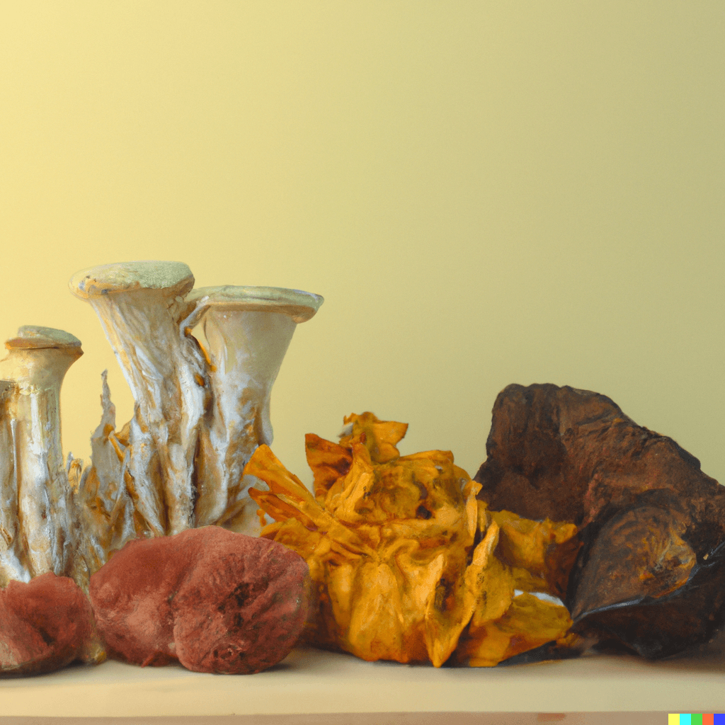 An image of reishi mushroom, lions mane mushroom, and cordyceps mushroom, all on a table with a pastel yellow background_fungi is the new superpower for elevating cognitive performance_We are Humans (2)