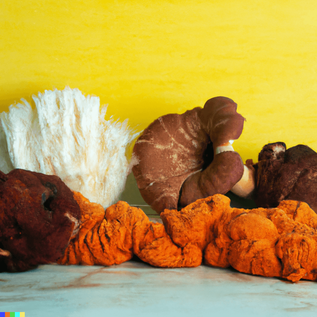 An image of fungi including reishi mushroom, lions mane mushroom, and cordyceps mushroom, all on a table with a pastel yellow background_fungi is the new superpower for elevating cognitive performance_We are Humans