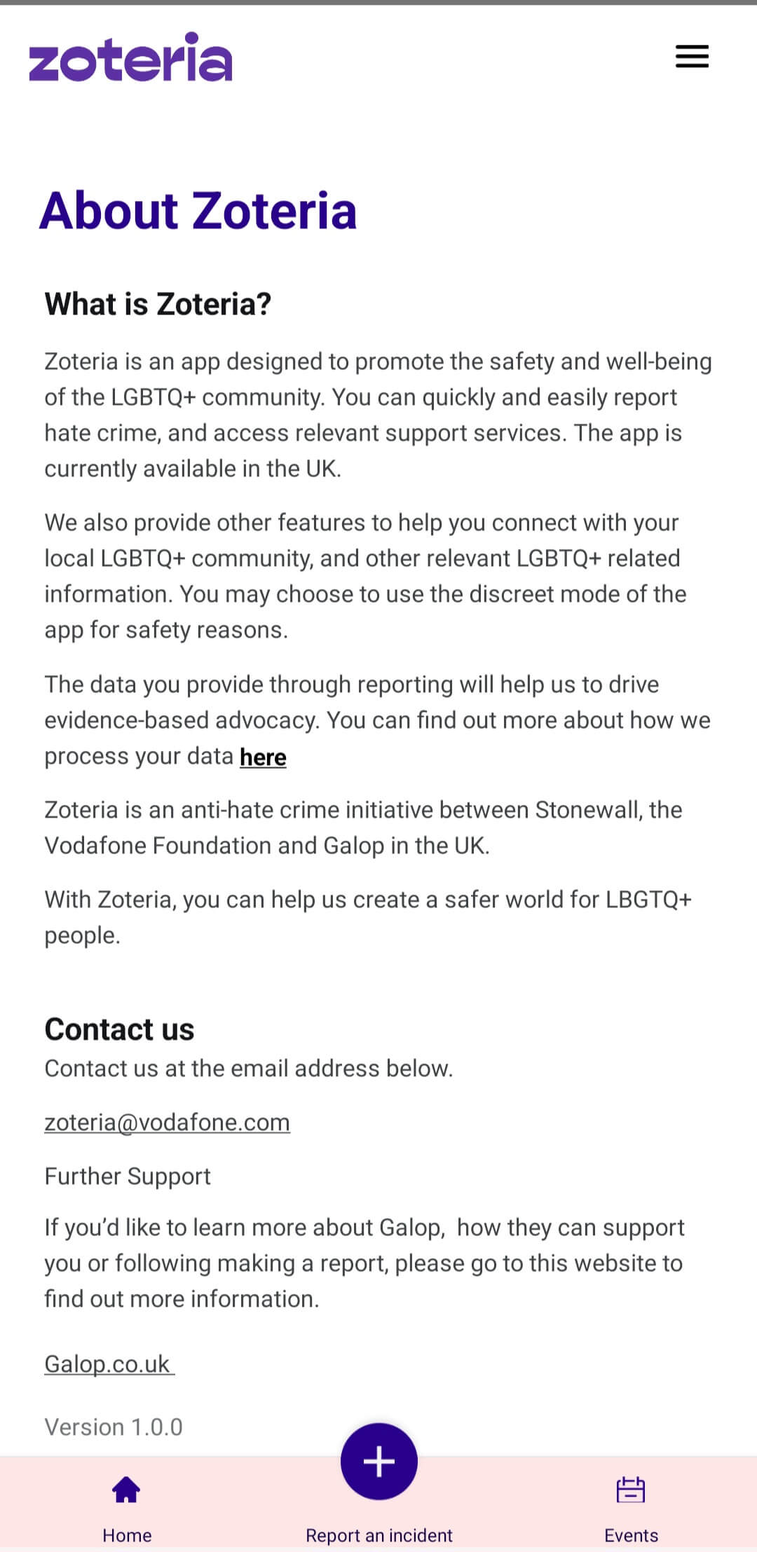 Contact Email Address for Zoteria App l Zoteria App l Launched by Galop, Stonewall and Vodafone Foundation l App Creator Marta Lima l LGBTQ+ Hate Crimes UK l LGBTQ Wellness
