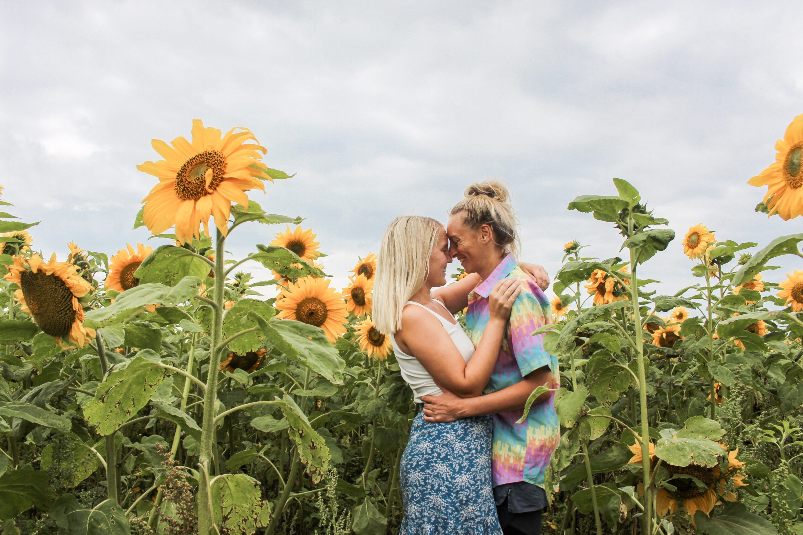 Lesbian couple hugging with sunflowers in the background