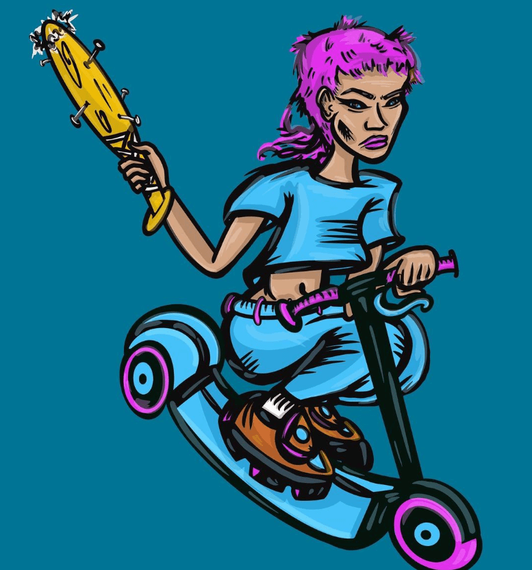 an intersex person with purple hair riding a scooter