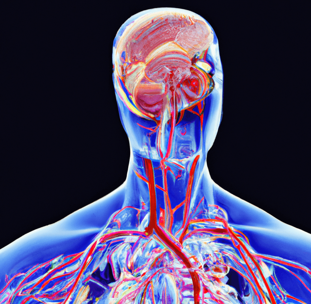 The outline of a human anatomy showing a healthy internal network of blood vessels, the heart, and blood pumping to a healthy brain_benefits of longevity supplements_wearehumans.digital
