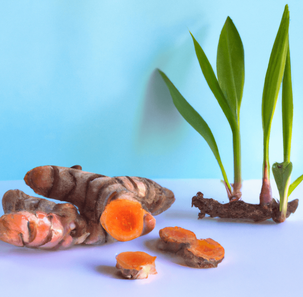 Turmeric root cut open beside another turmeric root with its plant attached_benefits of turmeric_wearehumans.digital