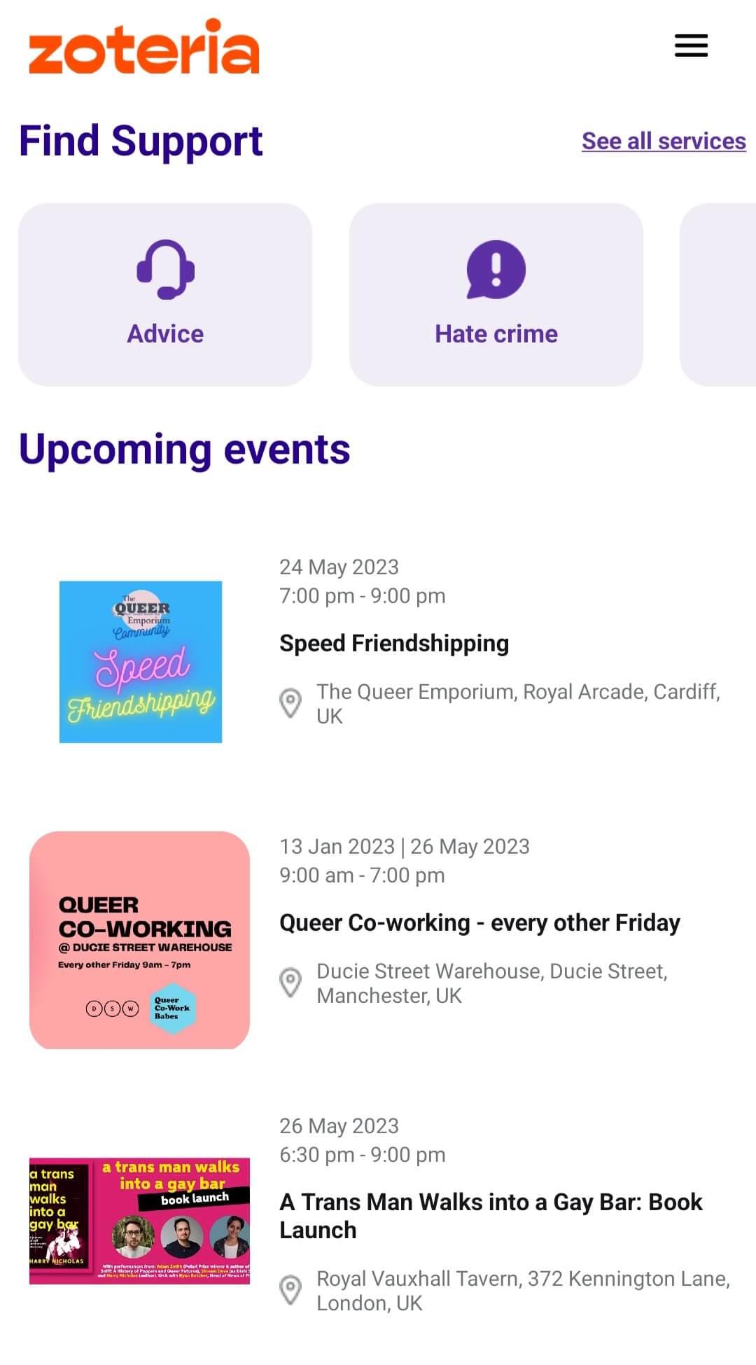Zoteria Opening Screen l Zoteria App l Launched by Galop, Stonewall and Vodafone Foundation l App Creator Marta Lima l LGBTQ+ Hate Crimes UK l LGBTQ Wellness