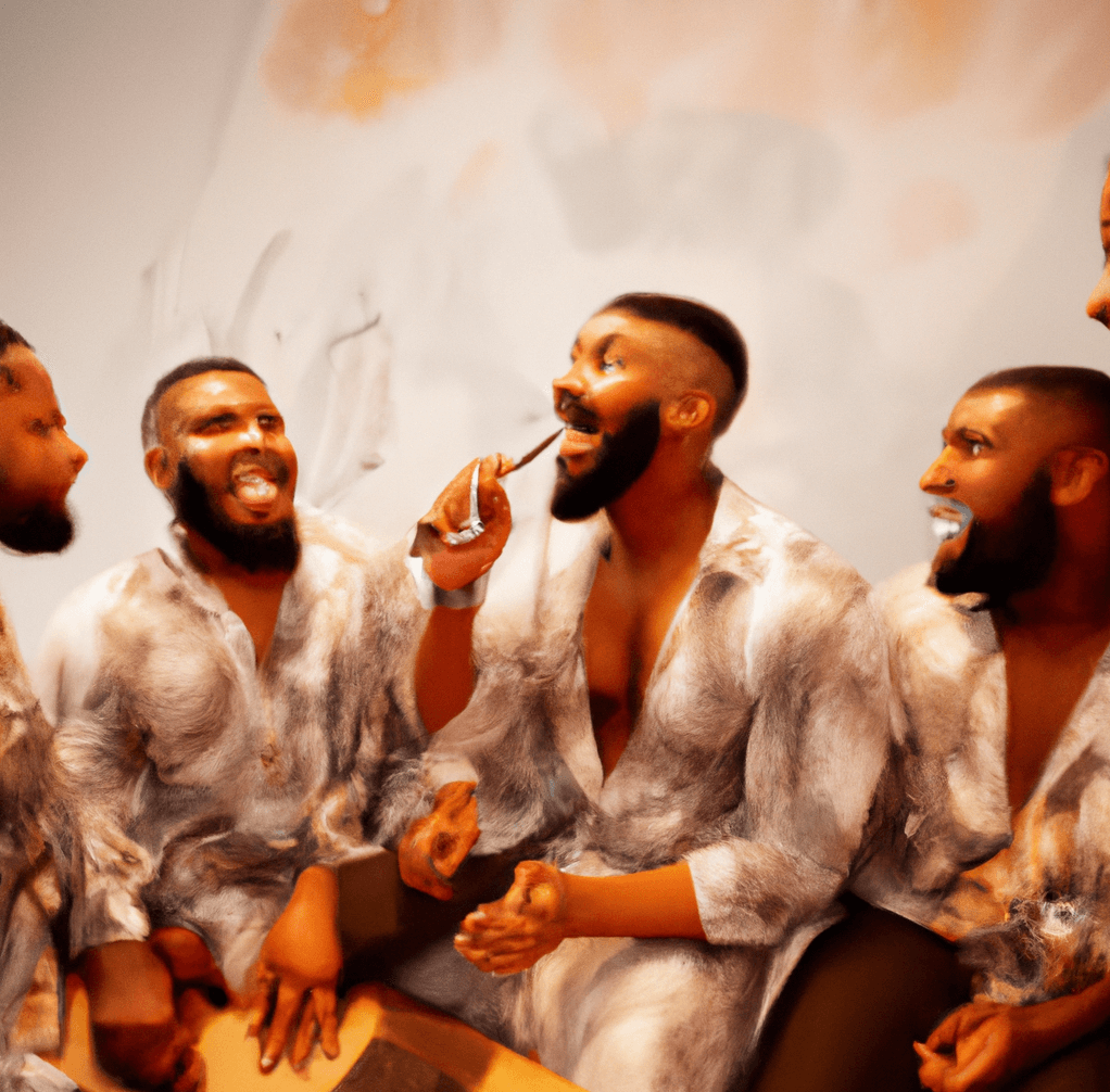 a group of hot gay black men in London laughing and flirting with one another before a chemsex party_wearehumans.digital