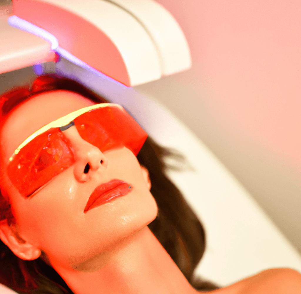 a picture of a beautiful woman with brunette hair receiving red light therapy treatment at a red light aesthetics clinic_What are the benefits of red light therapy_wearehumans.digital