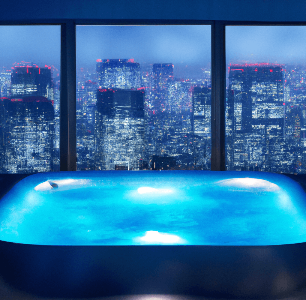 an image of a purpose built onsen in Japanese skyscraper hotel looking out over the Tokyo skyline at night_what is an onsen_wearehumans.digital