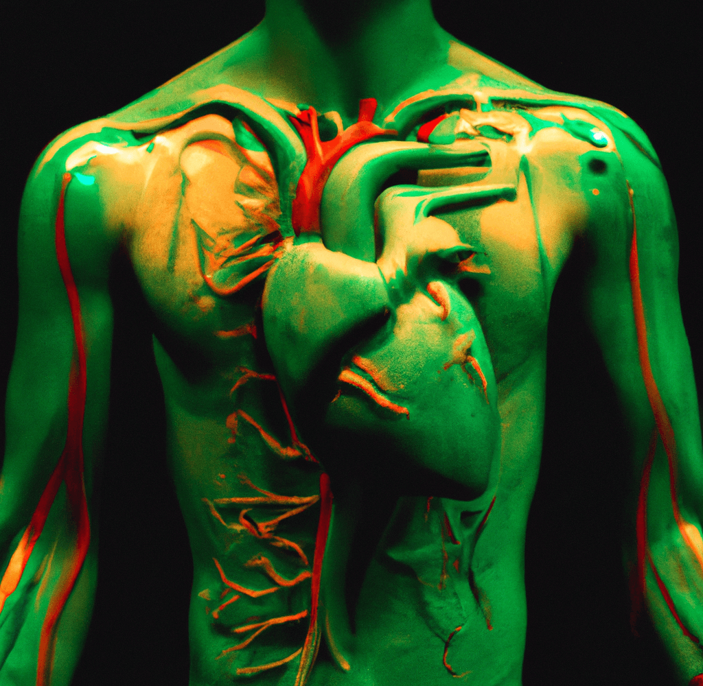 an image of the male anatomy in green with a large heart on the outside to show a large and healthy cardiovascular system from Quercetin_Benefits of taking Quercetin_wearehumans.digital